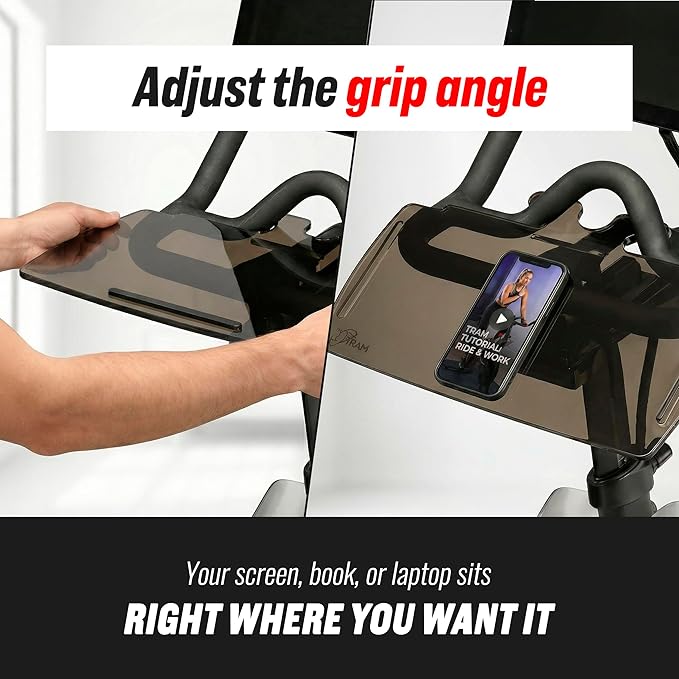 TFD The Tray V2 for Peloton Bike Original Models, Flat Acrylic Desk Tray with Phone and Pen Holders, Laptop and Tablet Tray for Work, Reading, or Viewing While Riding, Dark