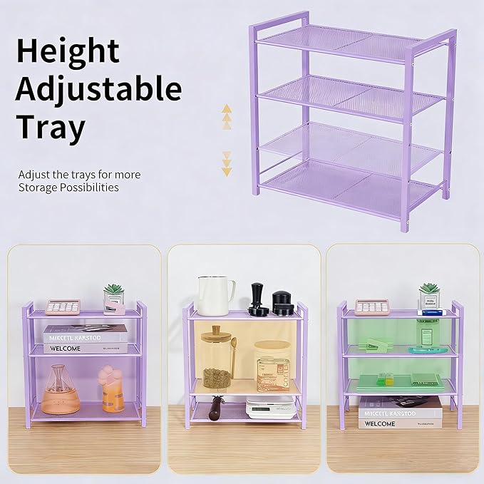 Desktop Shelf Organizer, 3-Tier Desk Organizer, Adjustable Metal Bookshelf for Top of Desk, Office Storage Rack for Office, Home, Dorm and Small Spaces (Purple)
