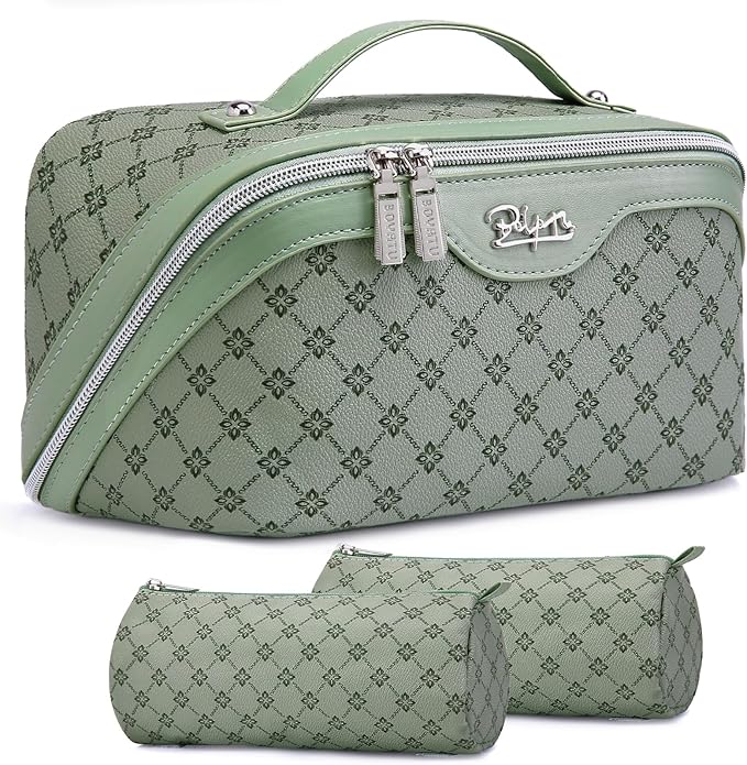 BOYATU Travel Makeup Bag Cosmetic Bags for Women: 3 Pcs Set Large Capacity Make up Bag with Handle - Vegan Leather Toiletry Bags with Compartments - Makeup Organizer for Travel Essentials(A-5-Green)