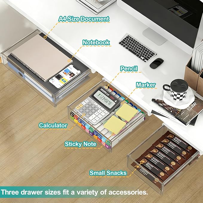 SVNNELP Under Desk Table Drawer Storage Organizer,3 Pack Small & Medium & Large Slide Out Desk Drawers - Hidden Desktop Organizer,Adhesive Storage Pencil Tray Under Table(Clear/LMS)