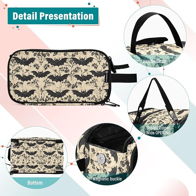 MNSRUU Large Capacity Makeup Bag, Bats and Flowers Vintage Cosmetic Bag Portable Toiletries Pouch with Compartments Makeup Organizer Case for Travel Women