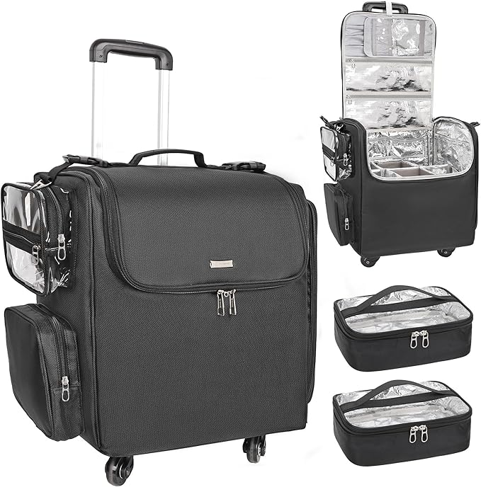 Relavel Rolling Makeup Train Case, Hairstylist Traveling Bag with 4 Wheels, Heat Insulation Full Layer, Adjustable Dividers, Hair Tools and Cosmetics Storage Organizer Trolley Suitcase Makeup Cart