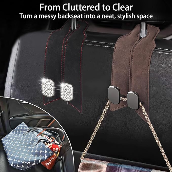 2Pcs Car Headrest Hooks with Premium Leather, Upgraded Double Metal Hooks with Anti-Drop Design, Universal Back Seat Hanger for Bags, Coats, Purses and Groceries (Classic Brown)