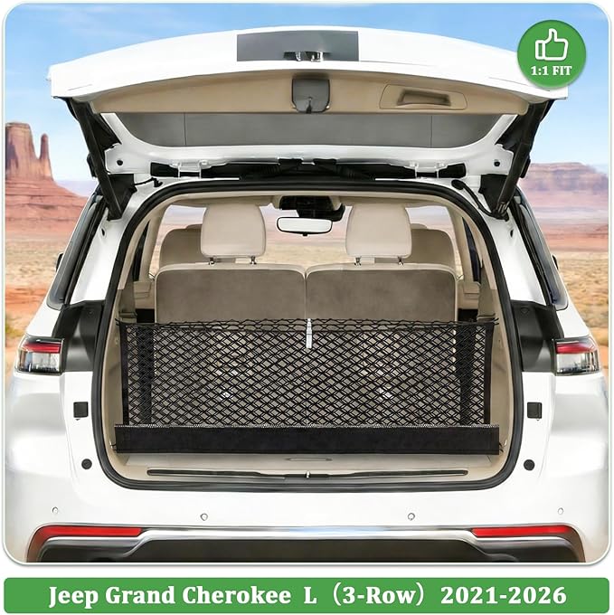 3-Layer Cargo Net for Jeep Grand Cherokee L (3Row) 2021-2026, Zipper Bag Trunk Net for SUV, Heavy Duty Oxford Cargo Organizer Storage Nets with Carabiners