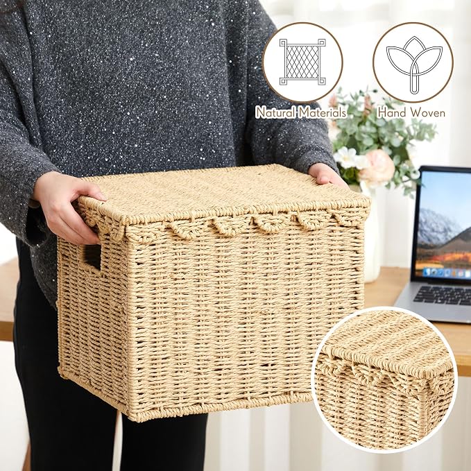 Jingmore Paper Rope File Storage Box with Scalloped Lid Collapsible Letter Size Hanging Filing Organizer Basket for Office/home, Woven Decorative Document Storage School Years Memory Box