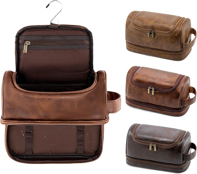 Toiletry Bag for Men Travel Essentials Shaving Dopp Kit with Hanging Hook, Waterproof Toiletry Bag with Dry Wet Separation, PU Leather Travel Organizer for Camping Business, Reddish Brown