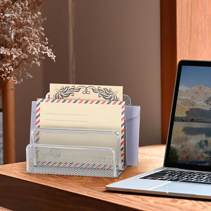 2 Pieces Desk Mail Organizer, Metal Mesh Small File Holders Letter Organizer, Bill/Document/Filing/Folders/Paper Organizer for Desktop (GREY-2PCS)
