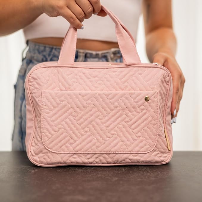 Travel Toiletry Bag for Women with Hanging Hook, Makeup Organizer Case, Water-Resistant Cosmetic Bag For Full-size Containers, Toiletries, Pink Large+, Not Made In China