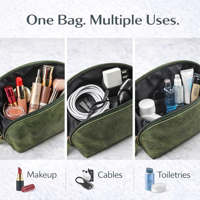 Genuine Leather Toiletry Bag for Men & Women, Leather Makeup Bag, Travel Dopp Kit Organizer with YKK Zipper, Handmade Cosmetics Case for Toiletries & Makeup (9 x 6 x 4 Inch)  Forest Green