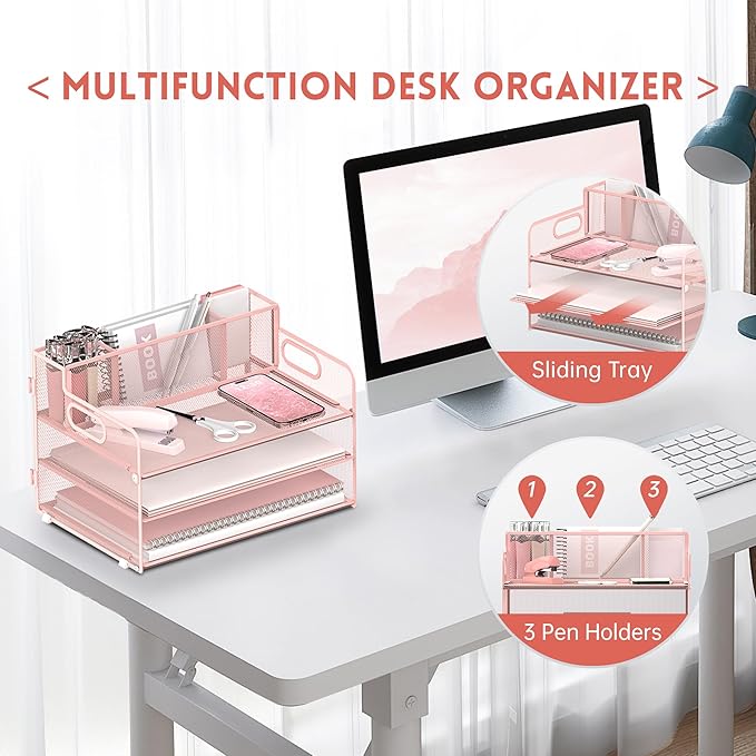 3 Tier Paper Letter Tray Organizer with Pen Holder for Desk, Black Metal Mesh Desk File Folder Sorter Organizer with Handle and Sliding Tray for Home, Office, School Supplies Organization(Pink)