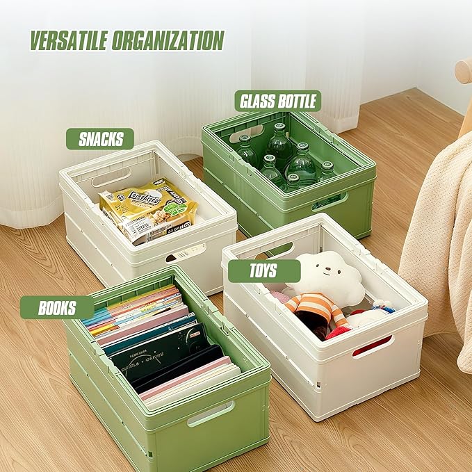 Collapsible Storage Crate, Foldable Plastic Basket with Lid and Handle, Foldable Storage Box Crate Bin for Home Kitchen Office Bathroom Bedroom Pantry (White, 2-Pack)