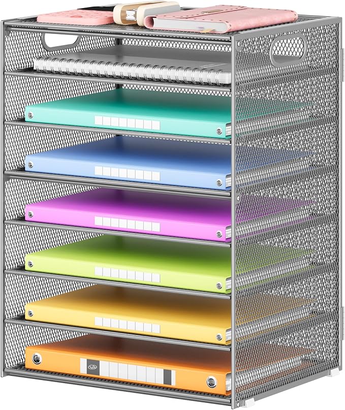 Lavatino 8-Tier Office Desk File Organizer, Letter Tray Paper Organizer with Handle, Including 5 Adjustable Slide Trays for Organizing Desktop Workspace Accessories and Supplies (Silver Metal Mesh)