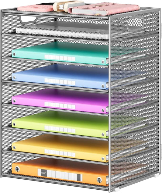 Lavatino 8-Tier Office Desk File Organizer, Letter Tray Paper Organizer with Handle, Including 5 Adjustable Slide Trays for Organizing Desktop Workspace Accessories and Supplies (Silver Metal Mesh)