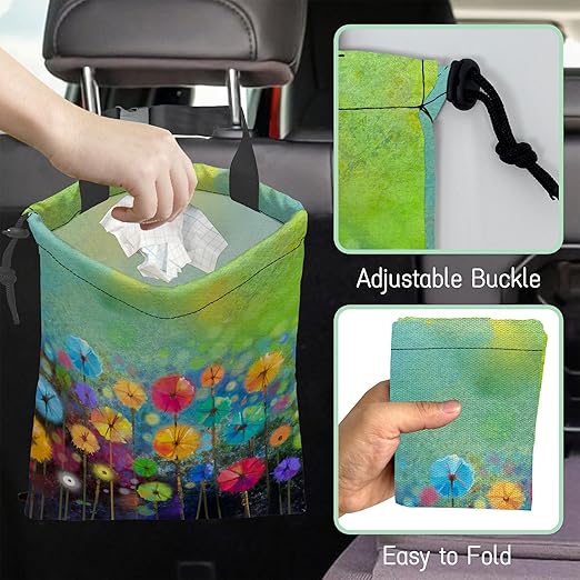 Watercolor Floral Car Trash Bag,Hanging Drawstring Car Garbage Bag, Waterproof Canvas Car Back Seat Organizer with Adjustable Buckle, for Vehicles, SUVs, Camping, Road Trips
