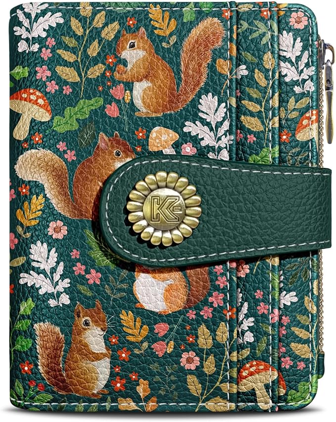 Kelvoris Cute Squirrels Small Rfid Women Wallet Bifold Zipper Coin Pocket PU Leather Compact Cash Credit Card Holder Travel Wallet for Female Ladies Teen Girls 1 ID Window 10 Card Slots