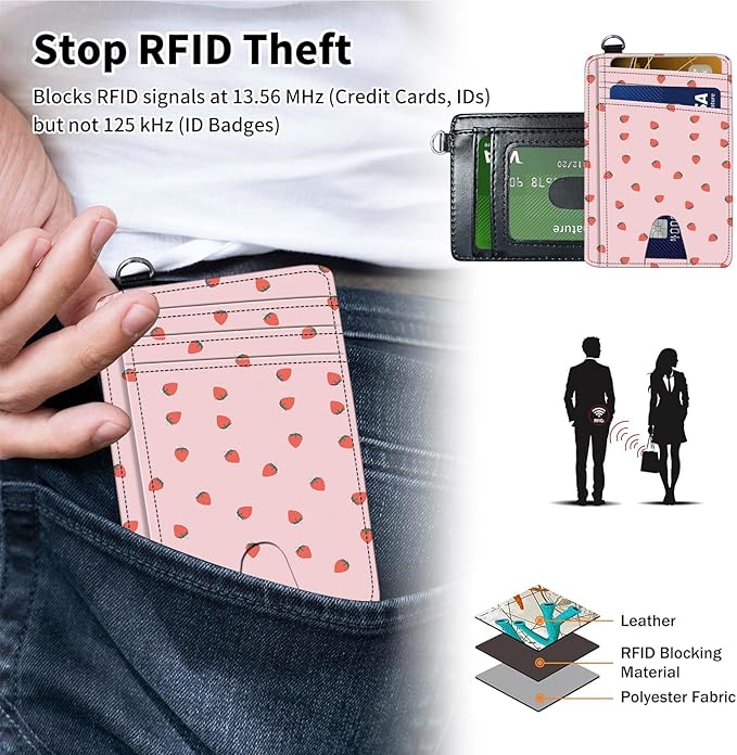 Slim Minimalist Front Pocket Wallet,Credit Card Holder Wallet for Women Men,RFID Blocking Credit Card Holder Case Leather Cute Small Thin Wallet ID Window&Wrist Strap,Cute Pink Strawberry