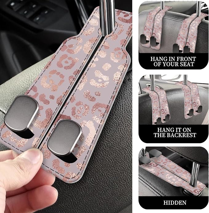 PU Leather Car Seat Hook, Storage Headrest Hanger, Cute Car Backseat Organizer, Car Hooks For Purses and Bags Pink Leopard Print