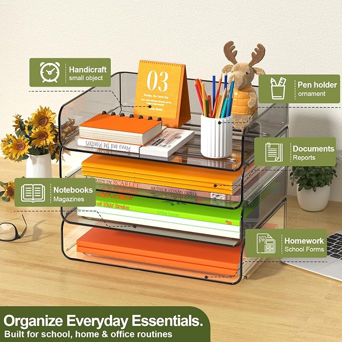 FANXIYQ 4-Tier Acrylic Paper Tray Organizer, Clear & Brown Stackable Desk File Organizer for Documents, Mail, Homework & Notebooks, Decorative Letter Tray for Home Office, Classroom & Study Desk