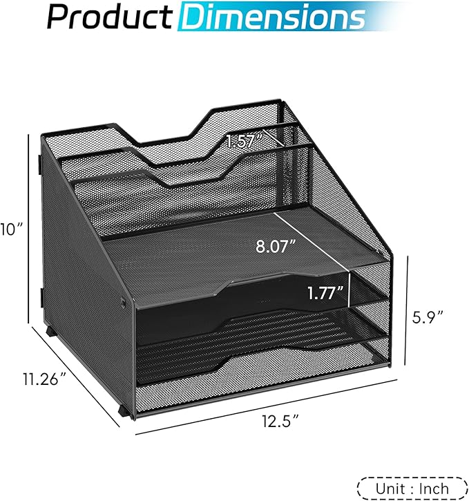 Desk File Organizer, 4 Letter Trays and 2 Upright Sections, Black | Paper organizer for desk with tiered letter trays and upright file sections for home office, school and workspace use