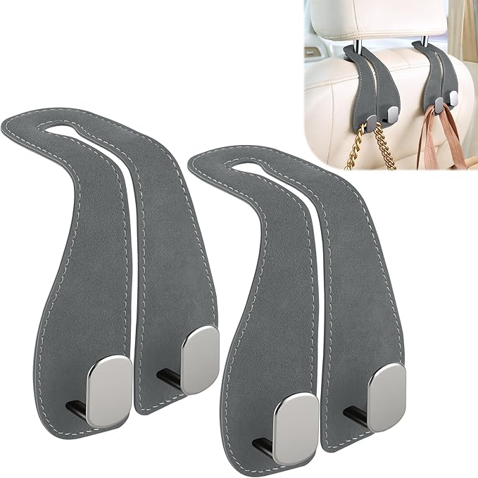 SINGARO 2PCS Car Purse Holder Hook, Seat Back Storage Hook, Leather-Wrapped Alloy Double Headrest Hook for Purses & Bags, Cute Car Interior Accessories for Women and Men, Gray