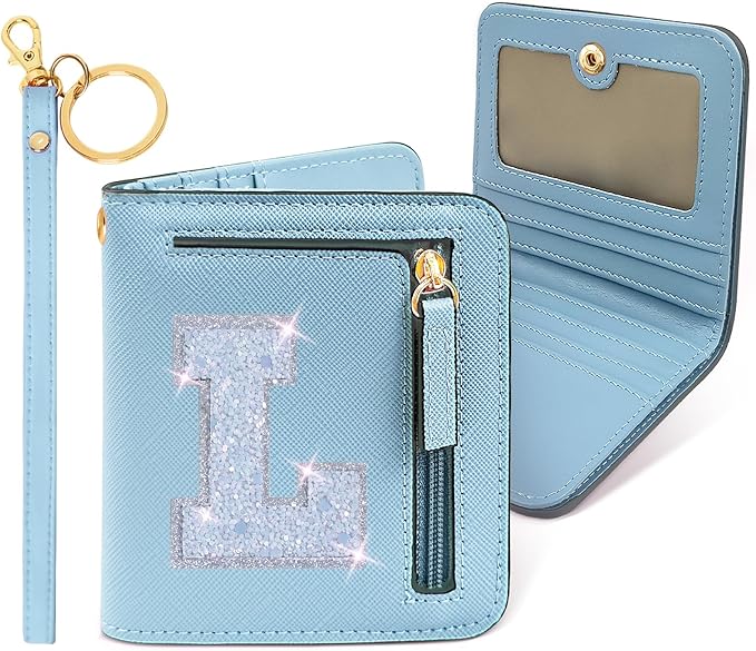 COSHAYSOO Initial Wallet Small with RFID Protection for Women Teen Girl Travel Daily Stuff, Preppy Letter Monogrammed Patch Pocket Wallet Purse Cute Fashionable Birthday Easter Gift Blue L