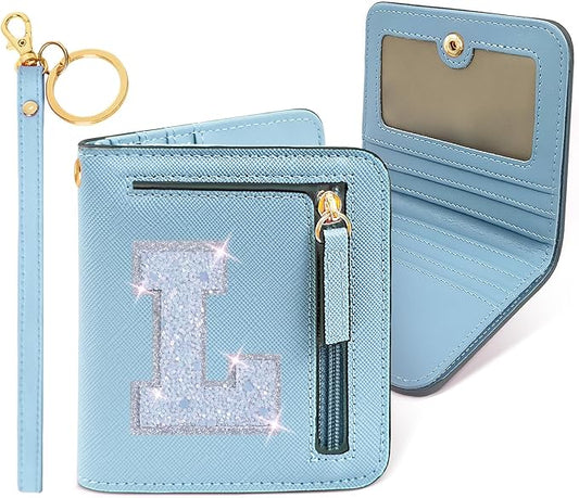 COSHAYSOO Initial Wallet Small with RFID Protection for Women Teen Girl Travel Daily Stuff, Preppy Letter Monogrammed Patch Pocket Wallet Purse Cute Fashionable Birthday Easter Gift Blue L