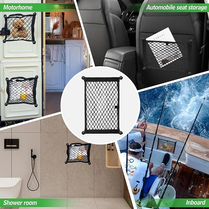 2 Pcs Small Cargo Net - Car Storage Organizer with Elastic Pocket - Trunk/Boat/Home Storage Mesh w/Screws/Hooks