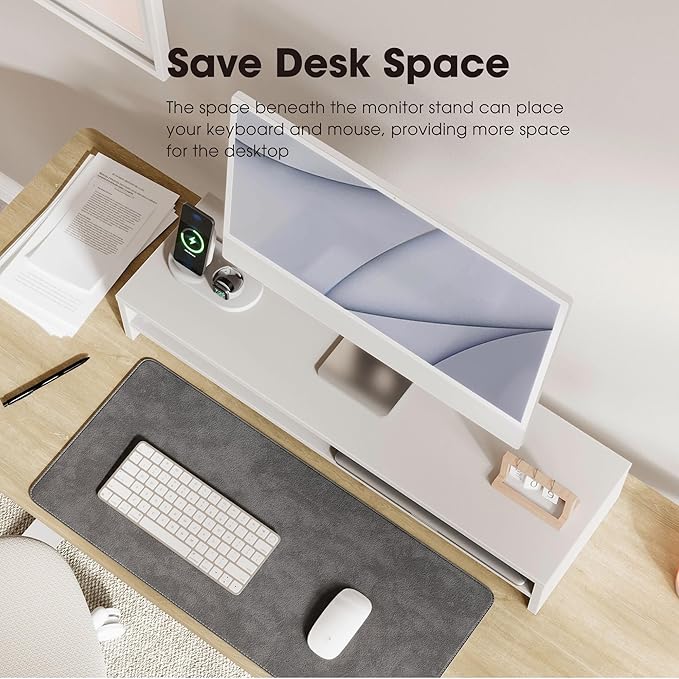 Fenge Monitor Stand, 31.5 Inch Computer Monitor Riser for Desk, 2 Tiers Wood Desk Shelf with Storage, Desktop Organizer for PC, Laptop, Screen, Printer