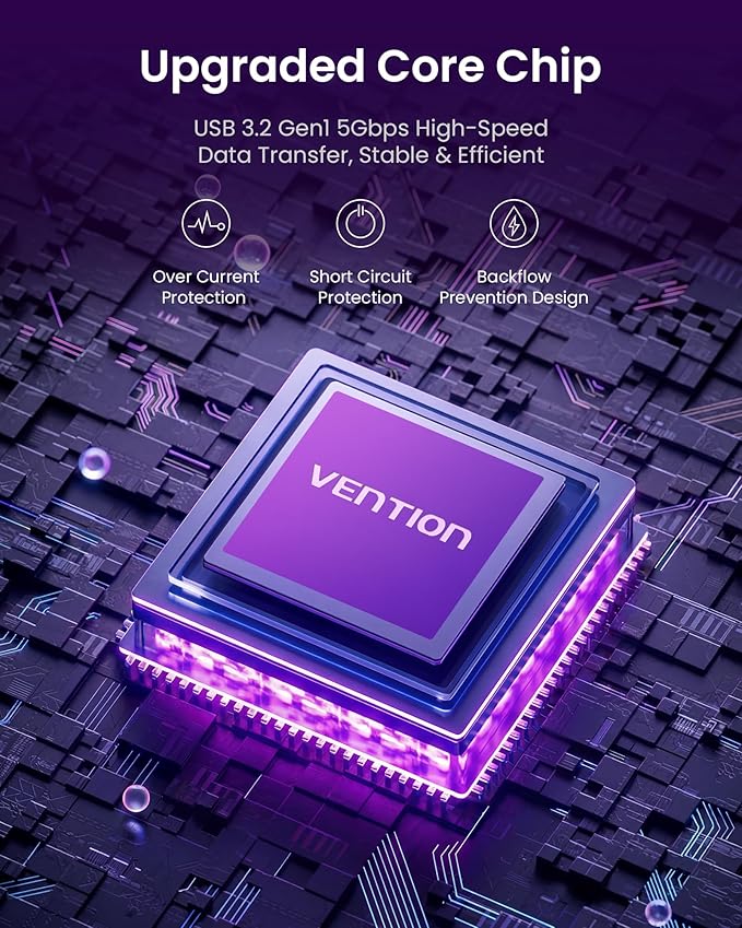 VENTION 5 Port USB Hub with RGB Light,5Gbps USB A Splitter with USB 3.2 Gen 1×Type-C,USB A 3.0×3 Data Ports and 1×5V/2A Power Port for Laptop/MacBook/Keyboard,0.5M