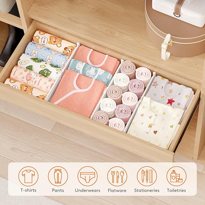 Lifewit 4" Tall 9 Pack Drawer Dividers, 27-42cm/10.5-16.5" Expandable Drawer Divider for Clothes, Adjustable Dresser Drawer Organizers, Drawers Separators for Dresser/Bathroom/Closet/Kitchen White