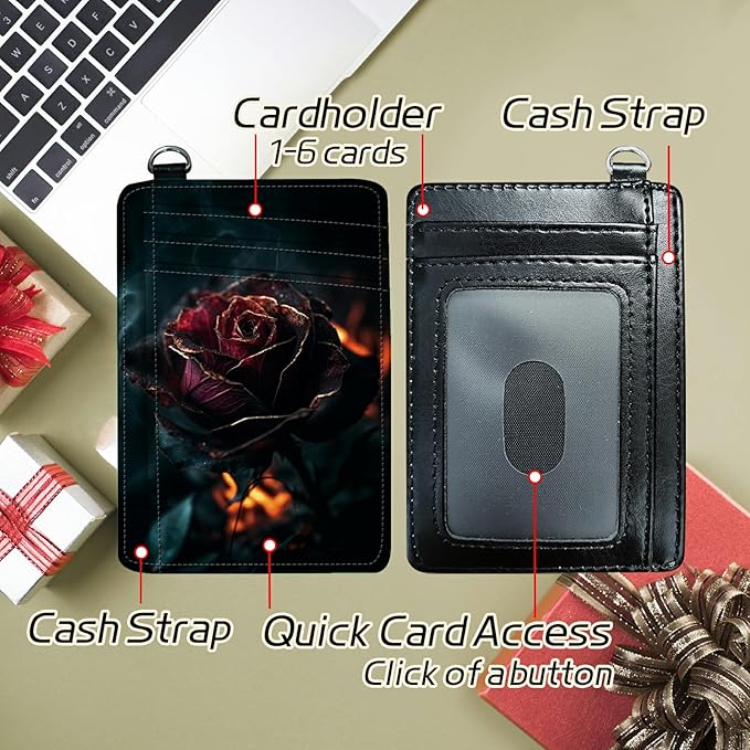 Small Travel Wallets, Burning Rose Slim Minimalist Front Pocket Wallet with Wristlet, RFID Blocking PU Leather Credit Card Holder with ID Window Change Purse for Men Women
