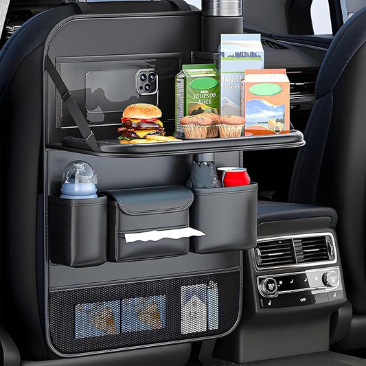 Universal Foldable Car Backseat Organizer with Table Tray, Car Seat Back Protector with Touch Screen Phone Holder, Premium Leather Kick Mats with Storage Pockets Tissue Holder (Black)