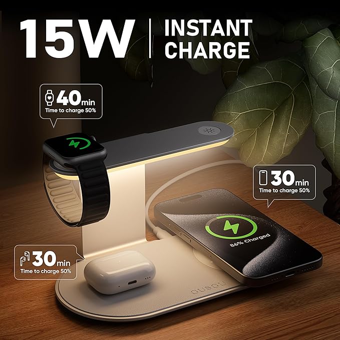 GUSGU 3 in 1 Charging Station with Three-Level Night Light, 15W Max Fast Charging, Wireless Charger for iPhone 15/14/13/12, iWatch S1-8/Ultra, AirPods(30W USB-C Charger Included), White