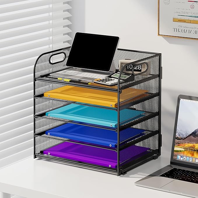 Cawukege 5 Tier Paper Organizer with Handle, Black Metal Mesh Desk Organizer File Folder Paper Letter Tray Desktop Document Sorter for Classroom, School, Office Accessories Organization and Storage