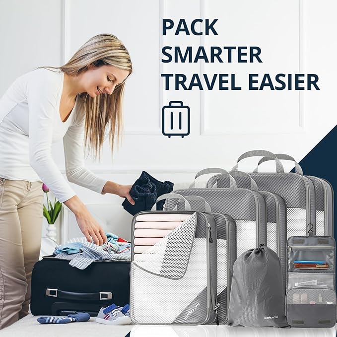 Compression Packing Cubes 8 Set, Compressible Space-Saving Packing Cubes for Travel - Compression Bags, Luggage Organizer, Travel Essentials for Women, Beige