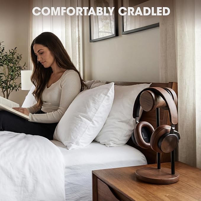 Fenge Headphone Stand for Desk, Nature Wood & Metal Headphone Holder with Storage Base, Desktop Headset Stand for Gaming Universal Headphones, Walnut