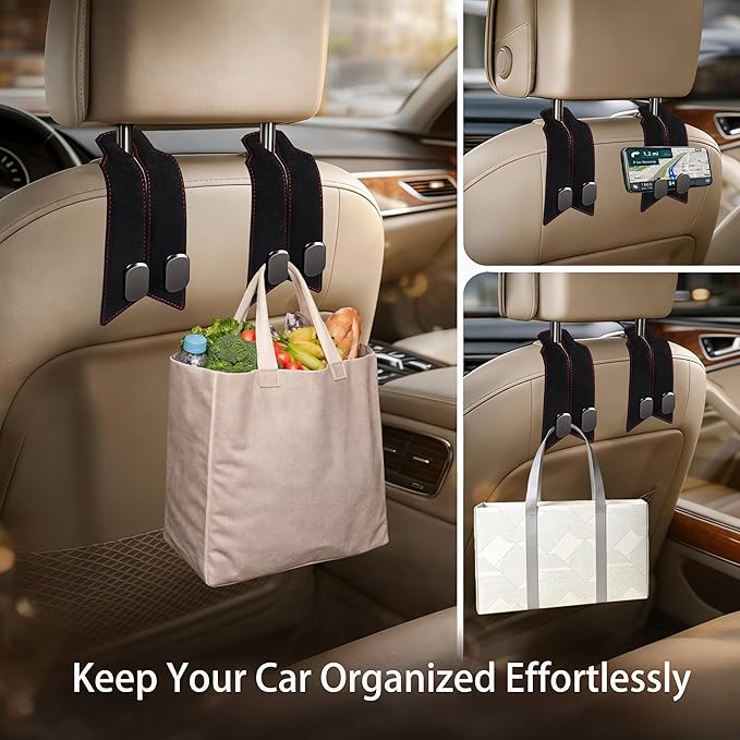 Premium Leather Car Headrest Hooks for Purses, 2 Pack Heavy Duty Car Seat Hooks, 360° Rotatable Back Seat Hanger Organizer, Metal Car Hooks for Bags, Groceries, Handbags (2, Black)