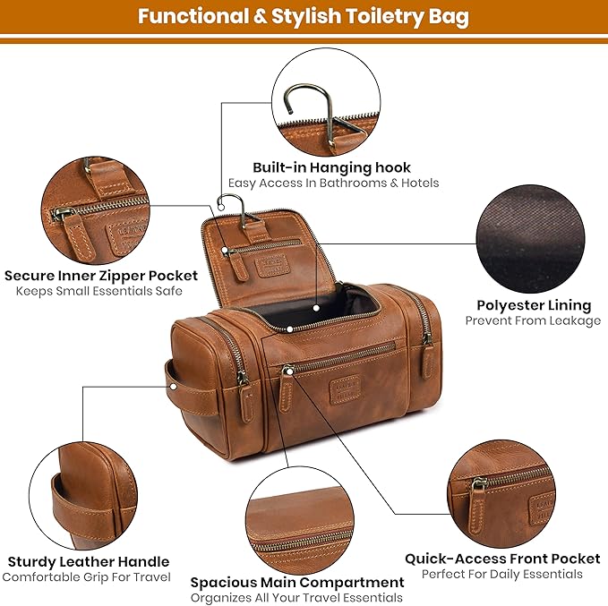 LEATHER VILLAGE Genuine Leather Travel Dopp Kit for Men & Women – Large Capacity Hanging Toiletry Bag with Water-Resistant Lining – Ideal for Travel, Grooming & Gym - Tan