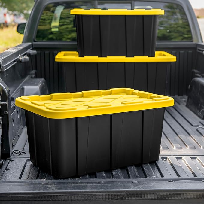 Sterilite 38 Gal Industrial Tote, Stackable Storage Bin with Snap-Fit Lid for Garage, Basement & Attic Storage, Black Base and Yellow Lily Lid, 4-Pack