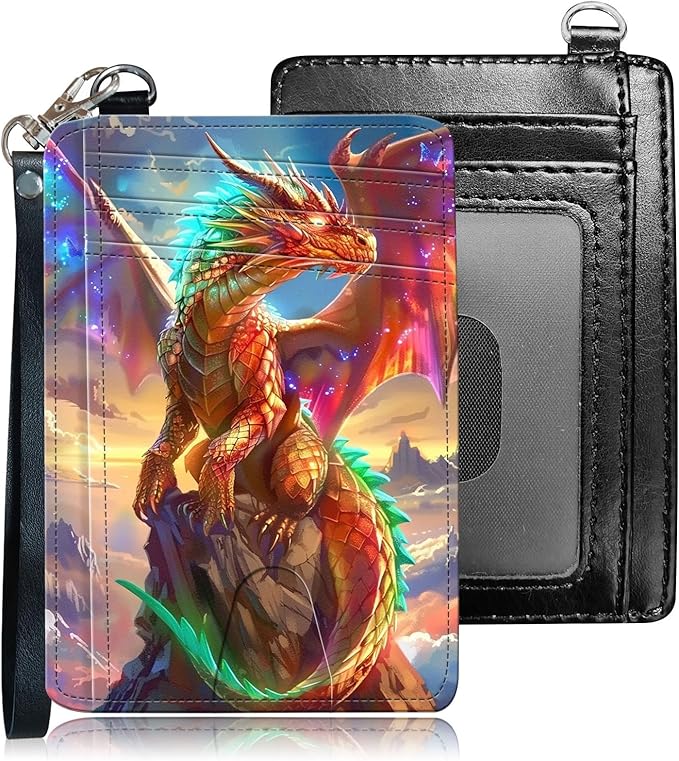 Slim RFID Blocking Card Holder Wallet with Wrist Strap - Minimalist Front Pocket Wallet, Golden Dragon Design, PU Leathe, for Men & Women, Ideal for Travel & Gifts