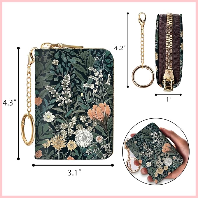 Blusabaca Weeds Flower Floral Plants Wildflowers Credit Card Holder for Women, Small RFID Blocking Wallet with Zipper, Card Keychain Wallet, PU Leather Card Case, Accordion Aesthetic Wallet Gift