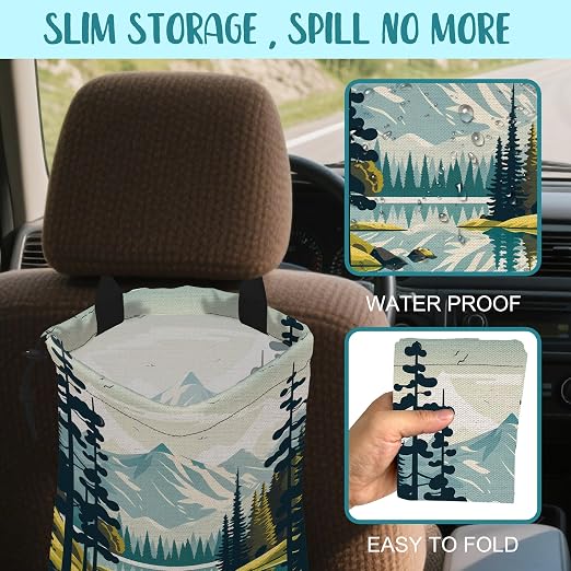Car Garbage Bag Mountain and River Forest Hanging Canvas Car Trash Bag Waterproof Drawstring Car Back Seat Organizer for Car Back Front Seat Console with Adjustable Buckle