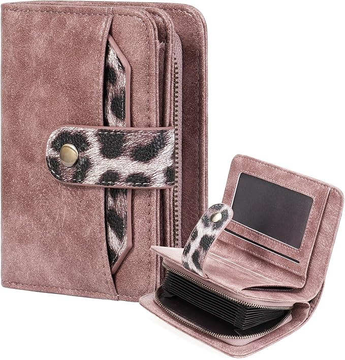 GAEKEAO Small Leather Credit Card Holder Wallets for Women RFID Blocking Bifold Wallet Zipper Pocket with Removable ID Window