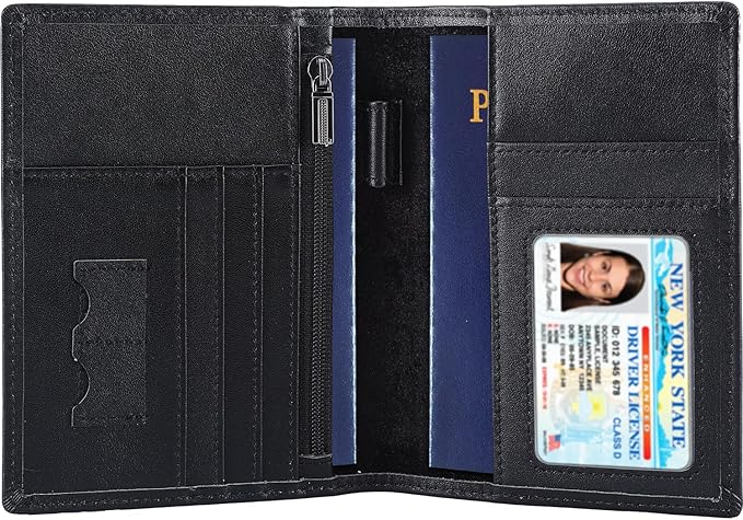 STAR VISTA Phoenix Leather Passport Holder, Slim Bifold Travel Wallet -RFID Blocking, Coin Pocket, Card Slots, SIM Slots (Black)