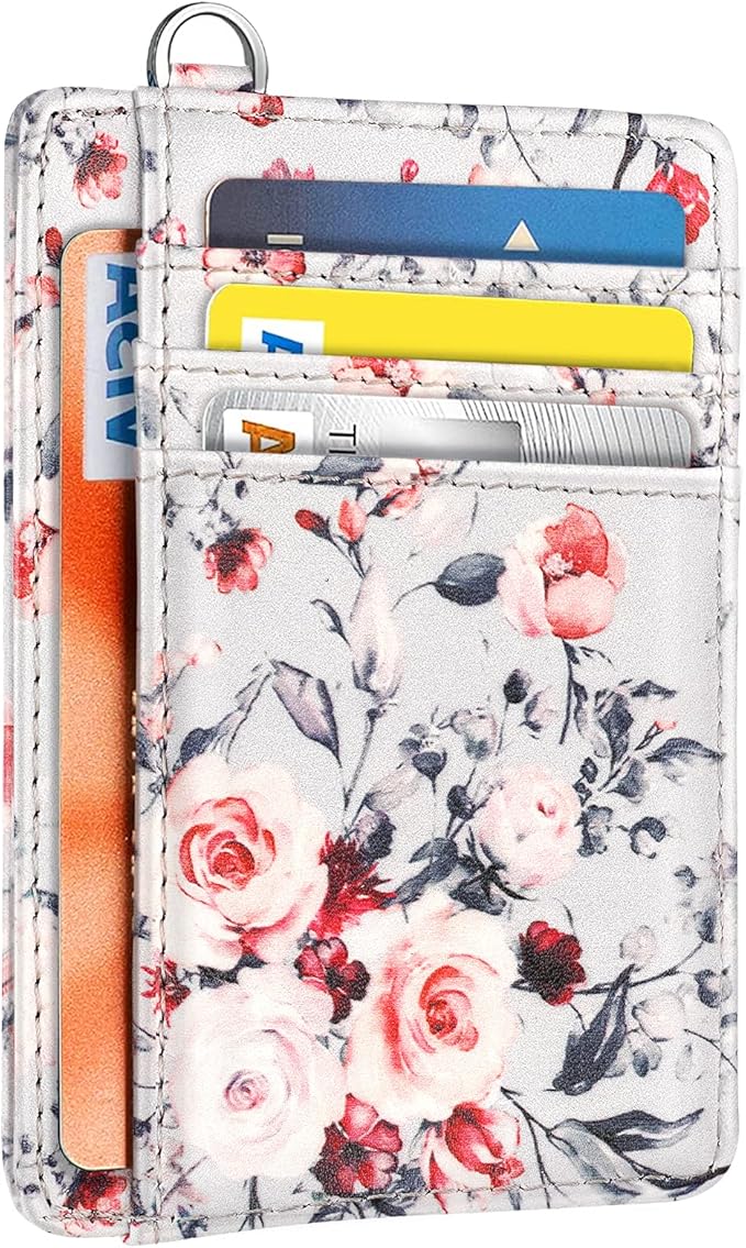 Coco Rossi Slim Front Pocket Wallet RFID ID Card Holder Cute Small Wallet with Keychian for Women,Grey Flowers