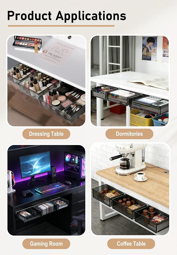 Under Desk Drawer Set of 3, Slide-Out Under Desk Storage Drawers (Large/Medium/Small), Thick Rigid PET Material, Suitable for Home Office, Desk, or Coffee Table