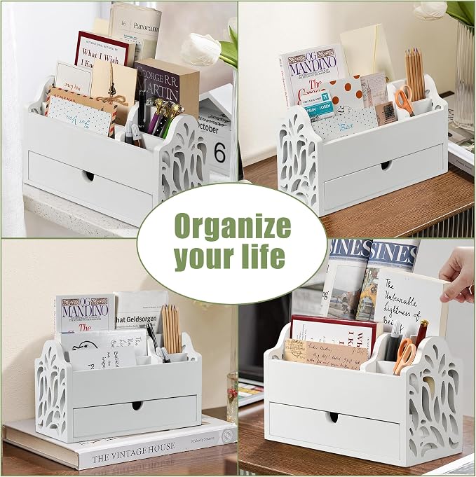Desk Organizer with Drawer Wood File Office Mail Organizer Countertop-5 Slot Tabletop Storage Pen Organizer Letter Holder for School Home Office Supplies (White)