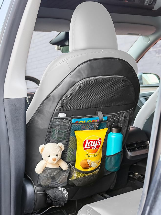 for Tesla Model Y/3 2017-2026 Custom Fitted Seat Back Kick Protector Organizer with Storage Pockets - Rear Passenger Organization for Kids with Zippered Accessories Slots (Black)