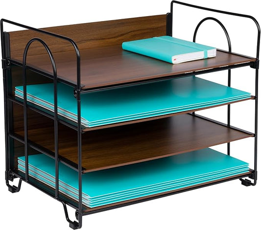 4-Tier Office Organizer, Desk File Organizer with Wood Patterned Shelves, Office Supplies Desktop Organization for Storage of Paper, Bills, Letters, Multi-Functional Desk Organization and Accessories