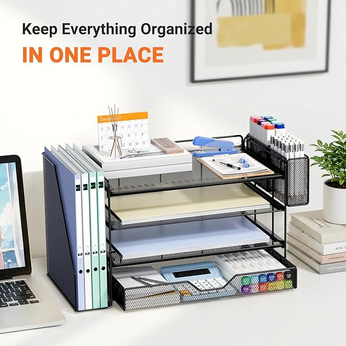 OPNICE Desk Organizers and Accessories, 4-Tier Workspace Desktop File Organizer with Drawer & Pen Holder, Paper Tray Organizer with File Holder, Office Desk Accessories for Home Office Supplies, Black